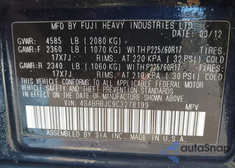 2012 Subaru Outback 2.5I Limited from USA, damaged, VIN 4S4BRBJC9C3278199